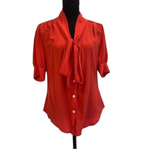 FIFTEEN Twenty blood orange red tie neck 100% silk blouse Sz L